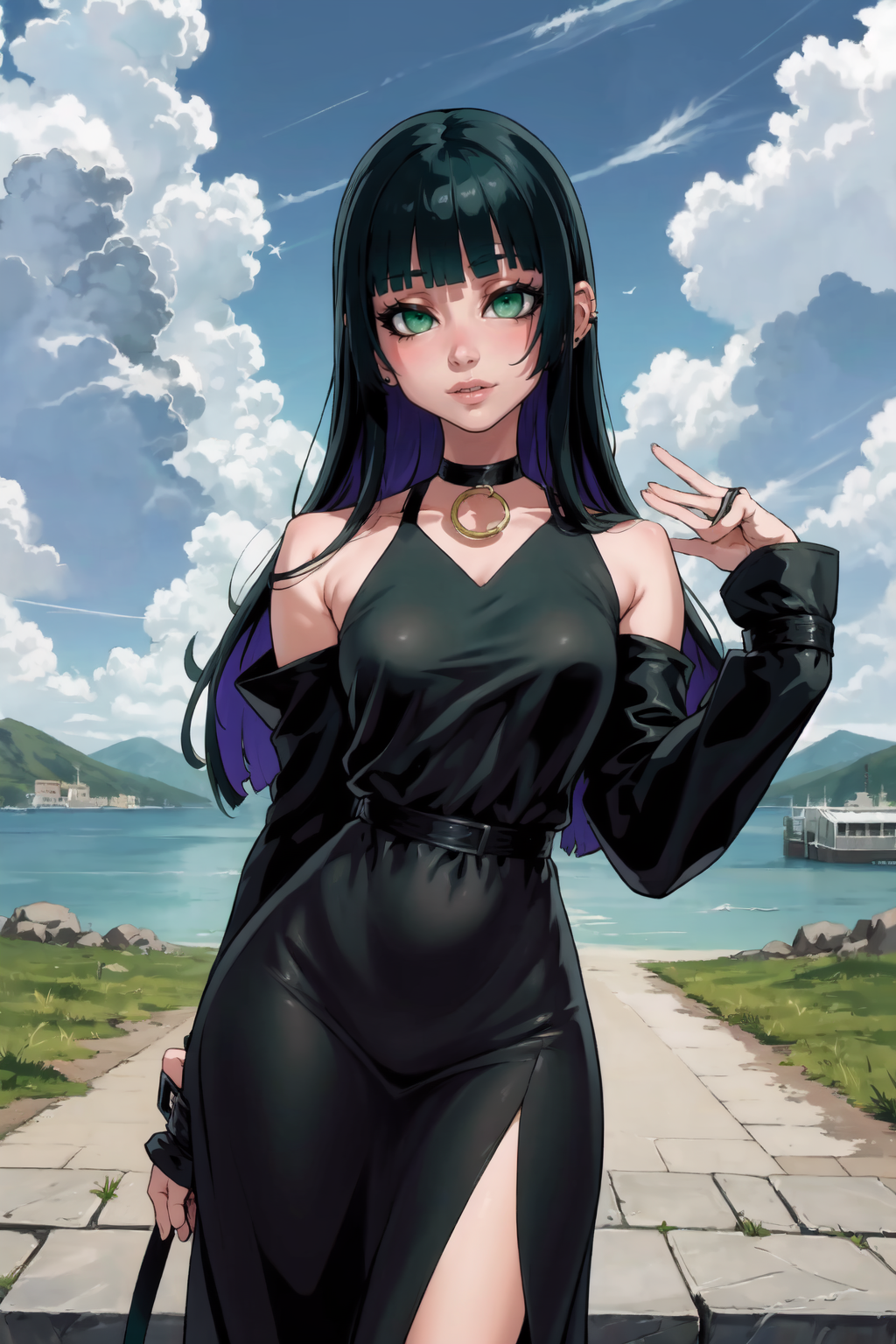 1girl, (solo:1.2), (cowboy shot:1.2), (looking at viewer:1.3),
<lora:PA-san [justTNP - v1.0]:1> pa-san, (blunt bangs:1.3), (long hair), (colored inner hair:1.2), (black hair), purple hair, (green eyes:1.3), large breasts, curvy, young female, hime cut, ear piercing, jewelry, (black dress:1.2), clothing cutout, shoulder cutout, (sleeves past wrists:1.2), choker, black choker
BREAK <lora:Asanagi [MockAi - v1.0]:0.85> asanagi, (anime aesthetic:1.2), matching eyelashes, detailed eyes
BREAK intricate details, (masterpiece:1.3), (best quality:1.3), (perfect anatomy:1.4) BREAK, (beautiful white clouds:1.3), puffy clouds, white sky