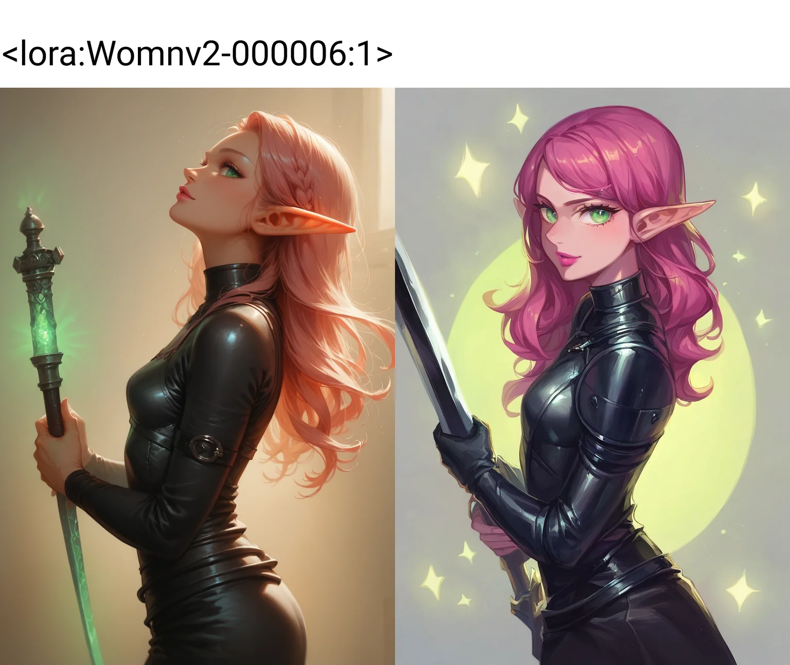 safe_pos, score_9, score_8_up, score_7_up, pov from the side, dynamic pose, beautiful, pink hair, female elf, glowing green eyes, long hair, small breasts, pink lipstick, dark black leather armor, holding enchanted shortsword, the sword is black with silver glowing details, dungeon background,
BREAK
(((full clothed))), womn,<lora:Womnv2-000006:1>, <lora:hand 5.5:0.75>