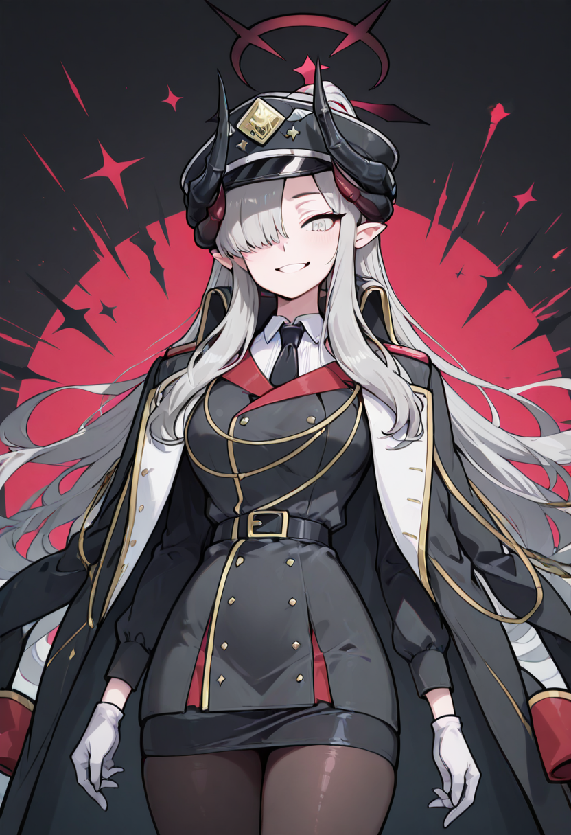 masterpiece, best quality, solo, curvy, beautiful eyes, narrow waist, wide hips, 1girl, solo, smile, looking at viewer,  zzMakoto, horns, long hair, grey hair, demon horns, black horns, halo, multiple horns, pointy ears, grey eyes,    black coat, black headwear, black necktie, coat on shoulders, collared shirt, long sleeves, military uniform, white gloves, black belt, white shirt, black pantyhose, black jacket, black skirt,  <lora:HanumaMakotoBlueArchive_IXL_v1:1.0>,  , smile, looking at viewer, cowboy shot, dynamic pose, abstract background,  <lora:VividIXL_v2:0.7>,