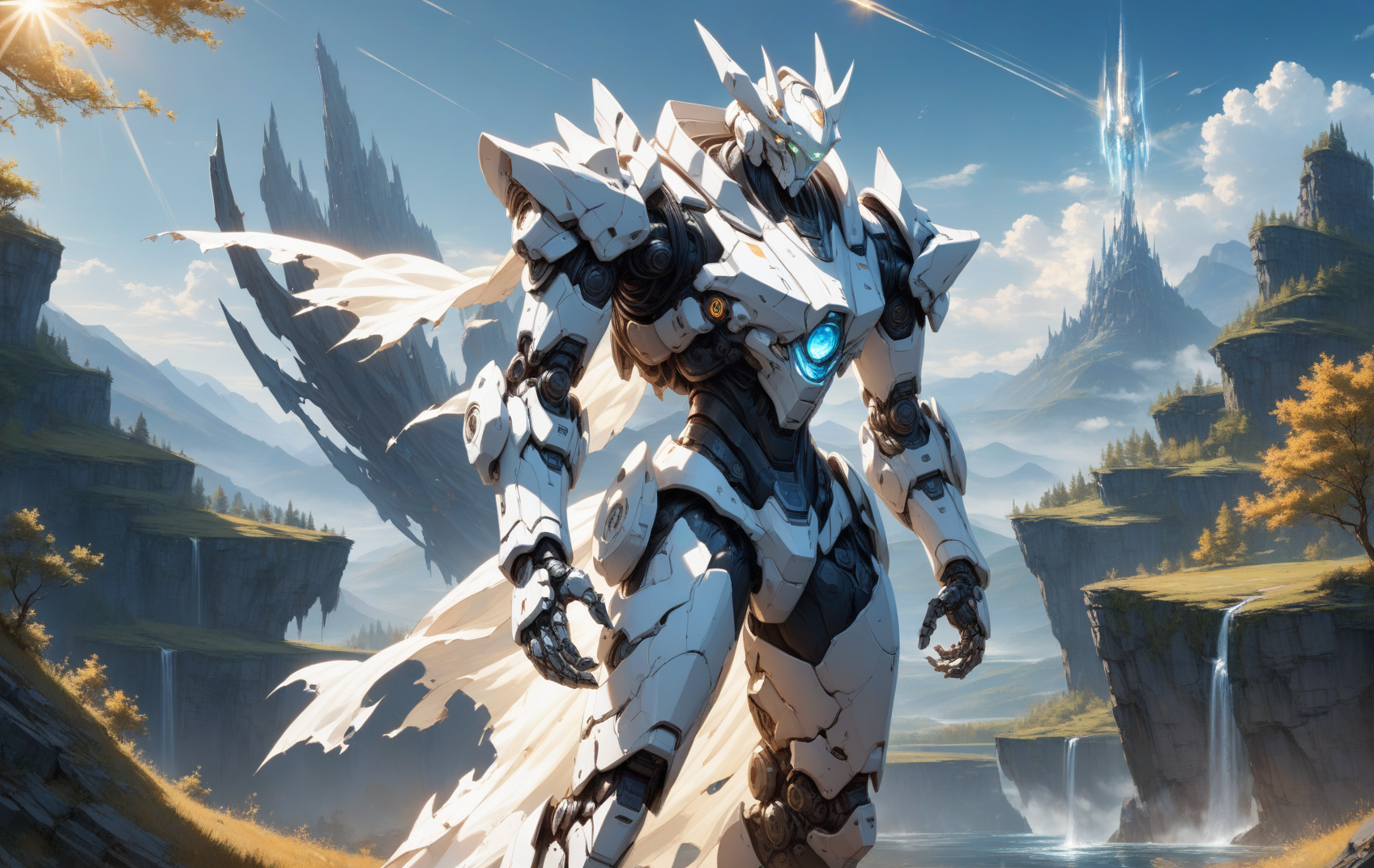 masterpiece, best quality,
solo, white mecha robot, cape, science fiction, torn clothes, glowing, standing, robot joints, mecha, armor, cowboy shot, (floating cape), intense sunlight, silver dragonborn, outdoors, landscape, nature
highres, 4k, 8k, intricate detail, cinematic lighting, amazing quality, wallpaper <lora:aesthetic_anime_v1s:1>