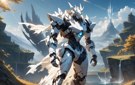 masterpiece, best quality,
solo, white mecha robot, cape, science fiction, torn clothes, glowing, standing, robot joints, mecha, armor, cowboy shot, (floating cape), intense sunlight, silver dragonborn, outdoors, landscape, nature
highres, 4k, 8k, intricate detail, cinematic lighting, amazing quality, wallpaper <lora:aesthetic_anime_v1s:1>