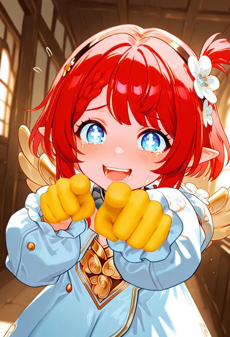 masterpiece, best quality,
laughing_at_you, open mouth, pointing at viewer, yellow glove, laughing, mocking,
1girl, Tribbie, red hair, solo, blue eyes, dress, pointy ears, flower, white dress, hair flower, open mouth, hair ornament, hair flower, bangs, white flower, long sleeves, puffy sleeves, smile, cross eyes, female child, cute, detailed light, dynamic angle, solo,crying with eyes open, maniac laughter, drooling, hysterical