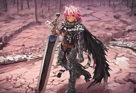 masterpiece, very aesthetic, anime screenshot, 1girl, Pink_PonyXL, DragonSlayerSword-Il.V1.0, white tiger striped armor, white tiger striped shoulder armor, gauntlets, greaves, bandaged arm, white tiger striped cape, torn cape, bright pink hair, cat ears, scar on nose, cat bell around neck, tanned, white tiger tail, small breasts, femine body, smiling, making a cute cat face, single fanged tooth showing, standing, looking at viewer, side view, wielding-dragonslayer, huge weapon, sword, holding sword, holding weapon, full body, zoomed in on pink_ponyxl, Dutch angle, cowboy shot
Break
Hyilian lake, bright and sunny,