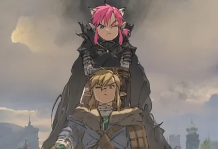 masterpiece, very aesthetic, anime screenshot, 1girl, Pink_PonyXL, black armor, shoulder armor, gauntlets, greaves, bandaged arm, black cape, torn cape, scar on nose, one eye closed,, bright pink hair cat bell around neck, cat ears, tanned, white tiger tail, small breasts, scowling, standing looking at viewer
Break
1boy, link1,link,pointy ears,blonde hair,blue eyes,medium hair,side locks,earrings,short ponytail, hylian tunic
Break
City of hyrule on fire, at night