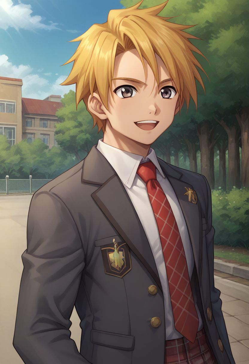 score_9, score_8_up, score_7_up, source_anime, 
cress, 1boy, solo, male focus, plaid pants, school uniform, necktie, blonde hair, pants, upper body, plaid, smile, shoes, jacket, open mouth, red necktie, 
outdoor,