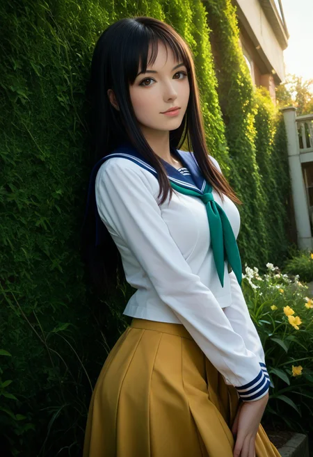 score_9, score_8_up, score_7_up, score_6_up,
photo, 2000s nostalgia, cinematic, AdrianoStyle, flowers background, god rays, (1girl, wakoto,black hair,long hair,brown eyes, lips, school uniform, serafuku, white shirt, long sleeves, blue sailor collar, blue long skirt, green neckerchief, large breasts),
upper body, face focus, dynamic angle,cinematic angle,dutch angle,looking at viewer,standing split, leg up,rooftop,fence,sunset,, masterpiece,best quality, very aesthetic, absurdres, ultra detailed, high resolution, 4k, extremely detailed CG,Expressiveh