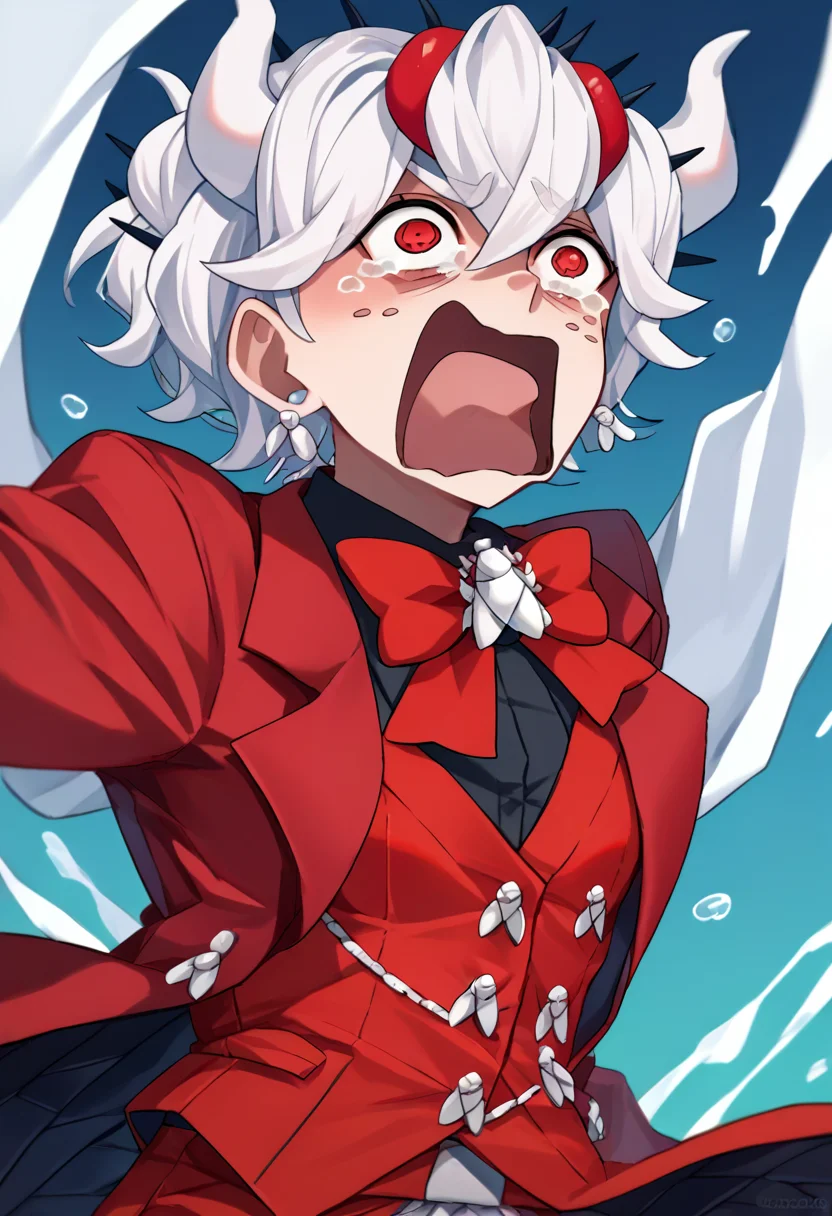 score_9, score_8_up, score_7_up, source_anime, solo, 1girl, htbeelzebub, freckles, aquascreaming, screaming, open mouth, crying with eyes open, demon horns, formal, red suit, waistcoat, red bowtie, red jacket, red vest, black shirt, earrings <lora:concept_aquascreaming_ponyXL:1> <lora:helltaker_beelzebub_ponyXL:1>