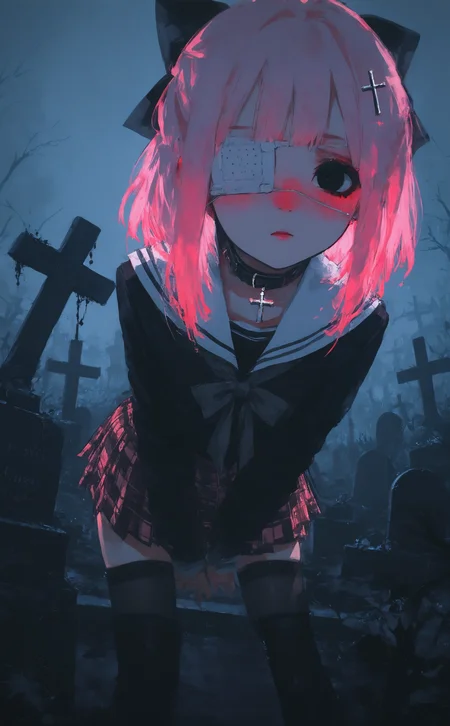 masterpiece, best quality, amazing quality, 1girl, solo, looking at viewer, skirt, thighhighs, bow, school uniform, pink hair, hair bow, pleated skirt, serafuku, black thighhighs, black eyes, english text, collar, zettai ryouiki, plaid, leaning forward, plaid skirt, eyepatch, cross, fisheye, medical eyepatch, latin cross, tombstone, graveyard, grave, Cinematic Lighting, Karinami Inkblush mode,thick ink outlines,soft marker gradients,era 2020s indie illustration,(Inkblush style:1.2), <lora:noobai_ep11_stabilizer_v0.138_fp16:0.3> <lora:XXX667:0.6> <lora:lpc_v10:0.7> <lora:96YOTTEA-WAI:0.6> <lora:Karinami_Inkblush_mode_Illustrious_clean:0.6>
