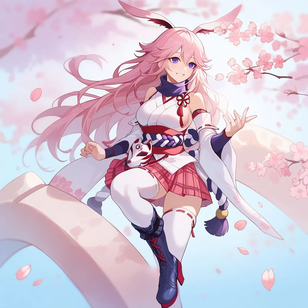 score_9, score_8_up, score_7_up,Captivating Eye Reflections,beautiful detailed eyes,lower eyelid,beautiful detailed face,BREAK ,source_anime,Yae Sakura,large breasts,pink hair,long hair,fox ears,purple eyes,miko,1fox mask on the waist,reddish brown and white sacred rope on the waist,white japanese clothes,bare shoulders,reddish brown scarf,short skirt,pink plaid skirt,white kneehighs,2katanas,boots,smile,Japanese style architecture,
