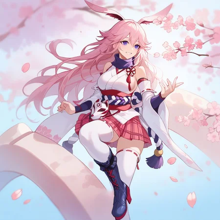 score_9, score_8_up, score_7_up,Captivating Eye Reflections,beautiful detailed eyes,lower eyelid,beautiful detailed face,BREAK ,source_anime,Yae Sakura,large breasts,pink hair,long hair,fox ears,purple eyes,miko,1fox mask on the waist,reddish brown and white sacred rope on the waist,white japanese clothes,bare shoulders,reddish brown scarf,short skirt,pink plaid skirt,white kneehighs,2katanas,boots,smile,Japanese style architecture,
