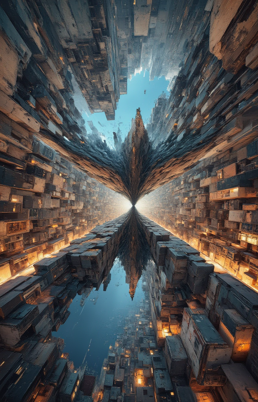 a strange and impossible to solve mountain glued to a gravitational motherboard tilted 454,78 degree upside down, baffling optical illusion, disorienting angle   <lora:- Flux1 - impossible_geometry_V1.0:.7>