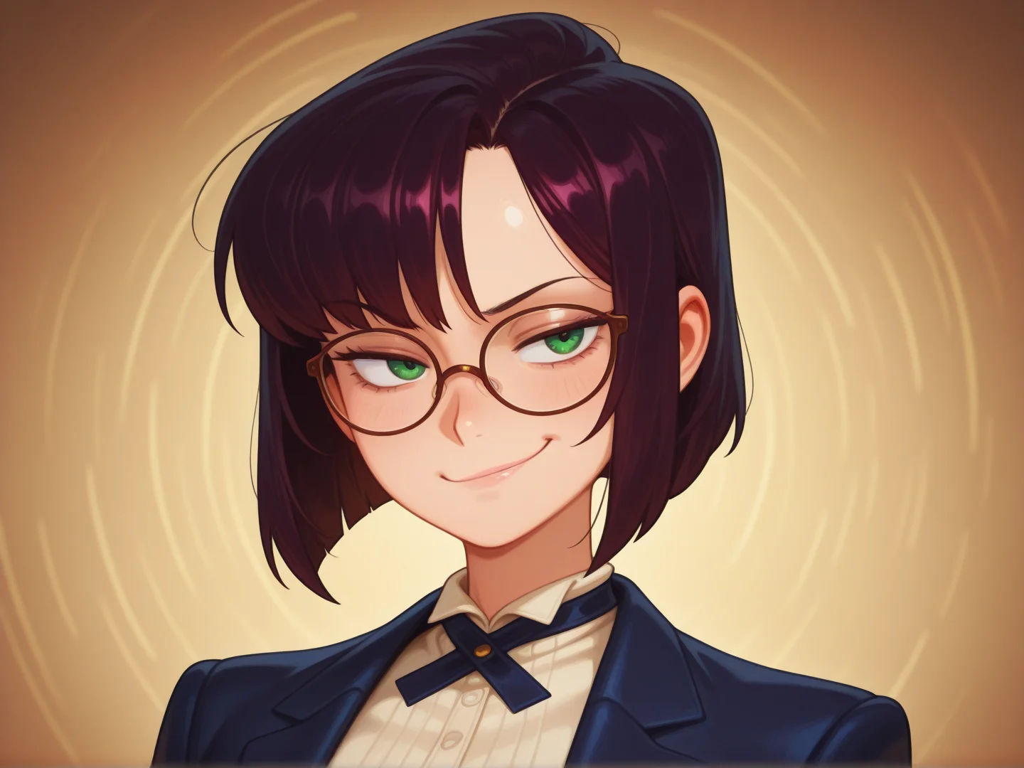 1girl, dark hair in a sleek bob, green eyes, dressed in a chic crossdressing ensembleâtailored suit with subtle feminine touches, stylish glasses, confident smirk, blurred gender lines, artful presentation
<lora:DarkfireStyle17:1>
