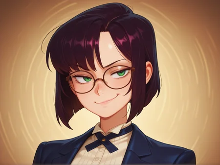 1girl, dark hair in a sleek bob, green eyes, dressed in a chic crossdressing ensembleâtailored suit with subtle feminine touches, stylish glasses, confident smirk, blurred gender lines, artful presentation 
 <lora:DarkfireStyle17:1>