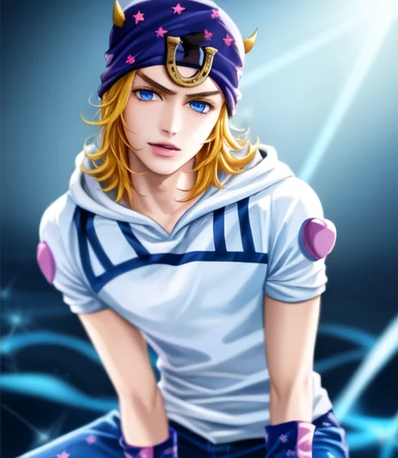<lora:johnnyjojo:1.2> muscle arms, ((johnnyjojo)), halfbody, hat, 1boy, blonde hair, blue eyes, masterpiece, best quality solo, 4k, 8k, pixiv art, male fucus, male, closed mouth, detailed face, hires, HQ, blue pants, volumetric lighting, best quality, masterpiece, intricate details, tonemapping, sharp focus, hyper detailed, vivid color tone,fantasy color tone, bright eyes, background, digital painting, anime <lora:sakimiChanLora_v10:0.5>