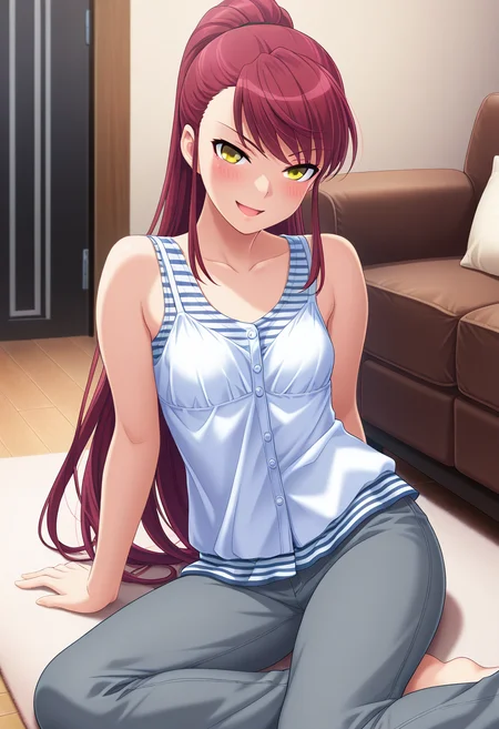 masterpiece, best quality, amazing quality, 1girl, solo, sayaww, yellow eyes, red hair, long hair, very long hair, ponytail, small breasts, white sleeveless top, striped frill, gray pants, casual, <lora:Niimi_Saya_Alea_ill:0.9>, sitting, yokozuwari, arm support, seductive smile, sultry, serious stare, stern look, open mouth, blush, indoors, living room, skindentation, detailed clothing folds, depth of field, sharp, high contrast, dynamic light