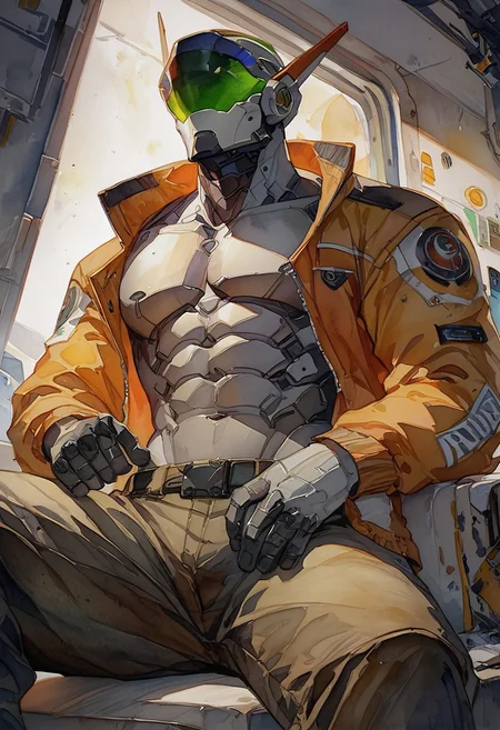 sollyz, by sollyz,score_9, score_8_up, score_7_up,solo,male focus,sp_mecha,topless,mecha,muscular,bara,jacket,inside,futuristic,home,game cg,wallpaper,sitting,view from below,lights and shadow,tracing ray,looking at side.watercolor \(medium\), traditional media,