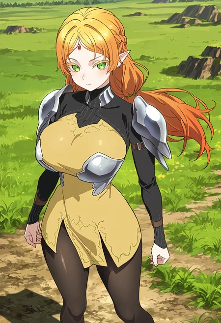 masterpiece, best quality, amazing quality, very aesthetic, absurdres, newest, scenery, 1girl, solo, huge breasts, <lora:Sui illustxl:0.9> pointy ears, elf, blonde hair, long hair, green eyes, colored eyelashes, orange hair, forehead jewel, low twintails, french braid, gradient hair, red gemstone, shoulder armor, turtleneck, black shirt, long sleeves, yellow dress, short dress, pauldrons, black pantyhose, shiny skin, grasslands, outdoors, standing, looking at viewer, anime screenshot, masterpiece, best quality, amazing quality, very aesthetic, absurdres, newest, scenery, volumetric lighting