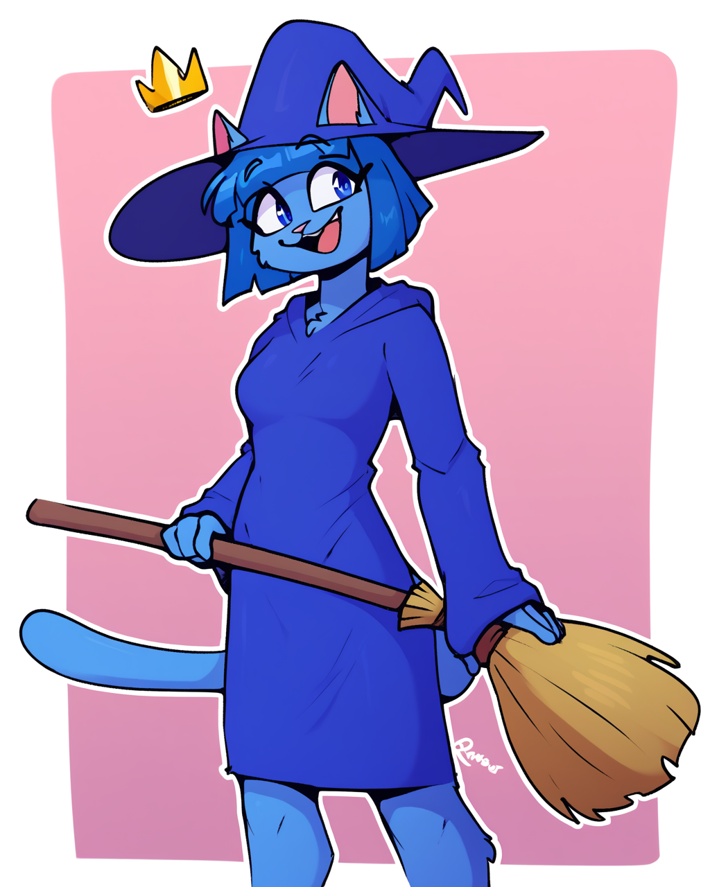score_9_up, score_8_up, score_7_up, score_6_up, by remanedur, blue hair, medium breasts, furry female, blue eyes, female, furry, cat, blunt bangs, blue robe, witch, blue witch hat, crown, floating crown, short hair, blue hair, blue body, tail, solo, happy, smile, three-quarter view, happy, smile, broom, broom riding,  head tilt, simple background, white outline, <lora:PDXL_artist_tags_v2_big:0.5> <lora:The-Minuscule-Task_PDXL_v1.0:0.6>   <lora:Cat_Witch_smekbo:0.9>