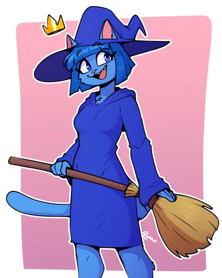 score_9_up, score_8_up, score_7_up, score_6_up, by remanedur, blue hair, medium breasts, furry female, blue eyes, female, furry, cat, blunt bangs, blue robe, witch, blue witch hat, crown, floating crown, short hair, blue hair, blue body, tail, solo, happy, smile, three-quarter view, happy, smile, broom, broom riding, head tilt, simple background, white outline, <lora:PDXL_artist_tags_v2_big:0.5> <lora:The-Minuscule-Task_PDXL_v1.0:0.6> <lora:Cat_Witch_smekbo:0.9>