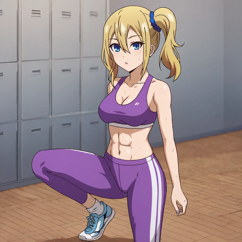 <lora:hayasakaai_pony_v1:0.79> Hayasaka, 1girl, solo, blue scrunchie, blonde hair, hair scrunchie, blue eyes, side ponytail, hair ornament, hair between eyes, medium breasts, bangs, sidelocks, medium hair, cowboy shot,, abs, socks, purple pants, ponytail, sports bra, pants, shoes, sneakers, navel, cleavage, midriff, yoga pants, sportswear,