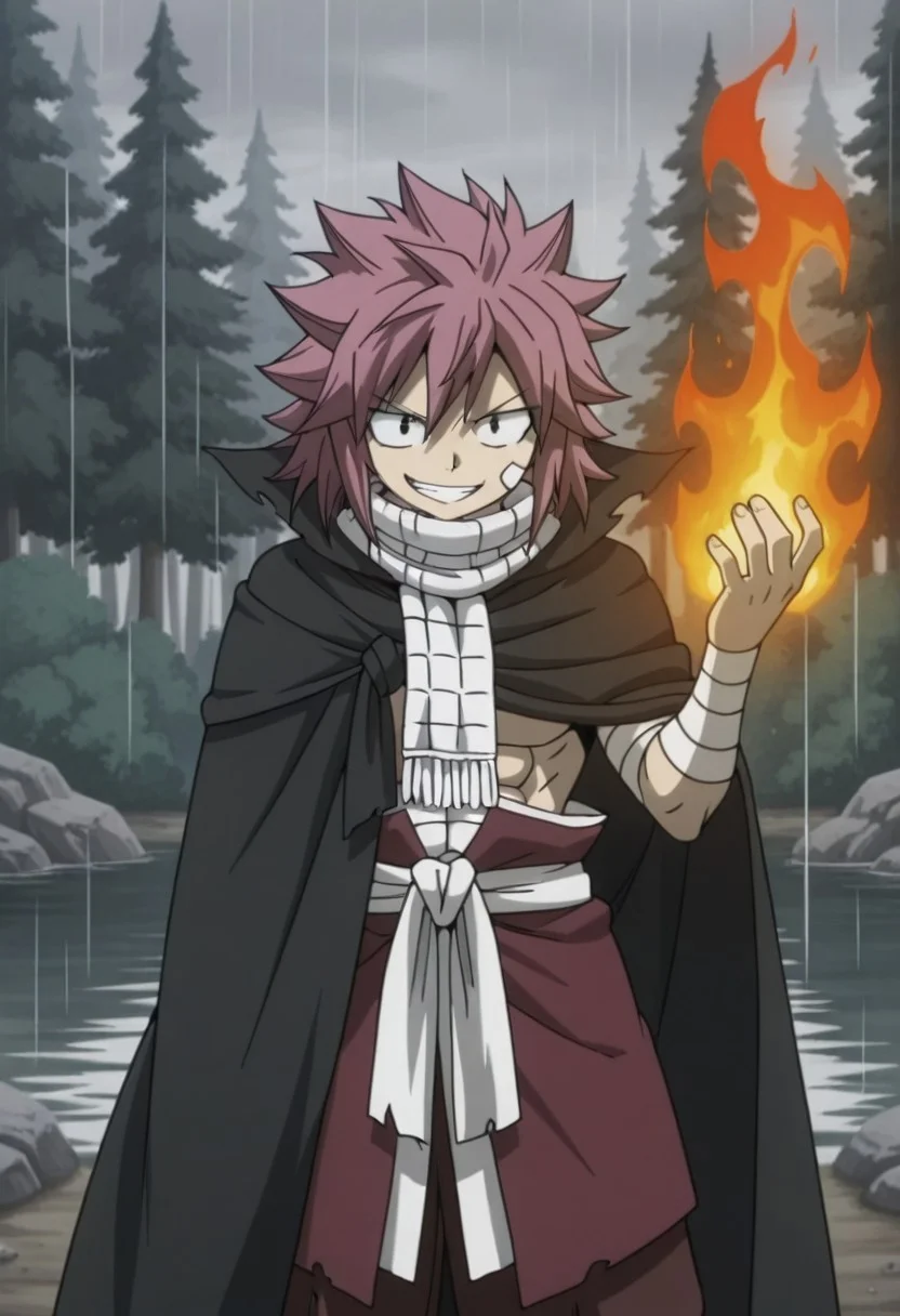 masterpiece, best quality, amazing quality, (masterpiece, best quality, absurdres, detailed,perfect quality, amazing quality, newest, ultra-detailed:1.2), extremely detailed, distortion-free, illustration, (smooth lines,),natsu Dragneel, spiked hair,medium hair, bangs, hair between the eyes, onyx eyes, pink hair,muscular_body, shinny body, shinny skin, anime screencap, anime coloring,white_scarf, bandages, cloak, white_sash,brown_pants, black_cape,hood, Relaxed posture, one hand up, fire magic, smiling,1man, solo, Forest, water, rain, steam