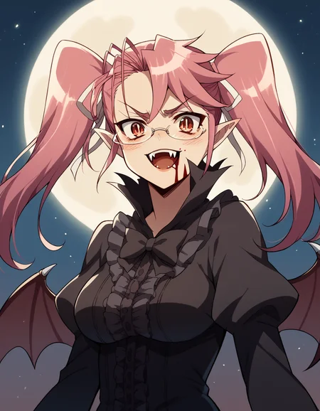 score_9, score_8_up, score_7_up, source_anime, sayatakagi, <lora:saya-takagi-ponyxl-lora-nochekaiser:1>, saya takagi, long hair, ribbon, twintails, brown eyes, hair ribbon, pink hair, glasses, large breasts,, <lora:vampire-ponyxl-lora-nochekaiser:1>, vampire, red eyes, pointy ears, fangs, black dress, wings, blood, blood on face, blood on mouth, bat (animal), halloween, halloween costume, upper teeth only, night, moon, blush, smile, open mouth,, looking at viewer