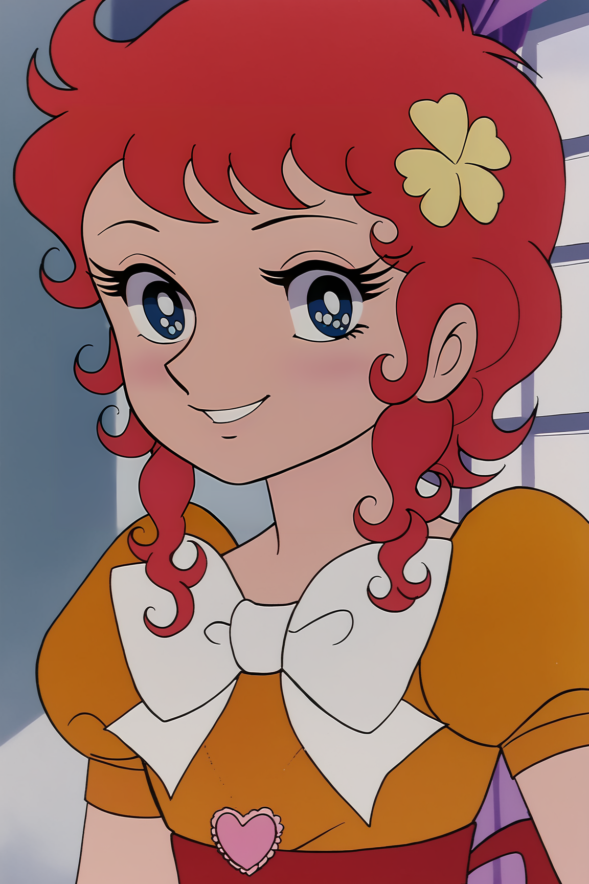 score_9, score_8_up, score_7_up, score_6_up, BREAK, KMeguMMXL, retro artstyle, blue eyes, red hair, short hair, hair ornamemnt, curly hair, flat chest, white bow, heart brooch, orange dress, short sleeves, puffy sleeves, red sash bow, orange skirt, red shoes, solo, front view, (portrait, upper body), solo focus, seductive smile, looking at viewer, indoors <lora:KMeguMMXL:1>