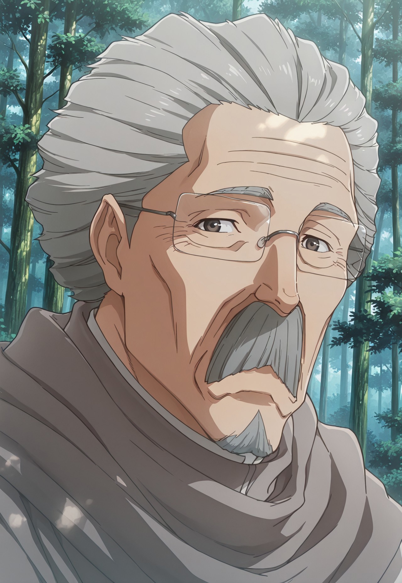 solo, masterpiece, detailed, uwa, huge filesize, ultra hd, best quality, (absurdres, highres), 1boy, official art, bright, male

BleachSoken, grey hair, mustache, facial hair, old man, glasses, cloak, portrait, looking at viewer, smiling, forest, view from front