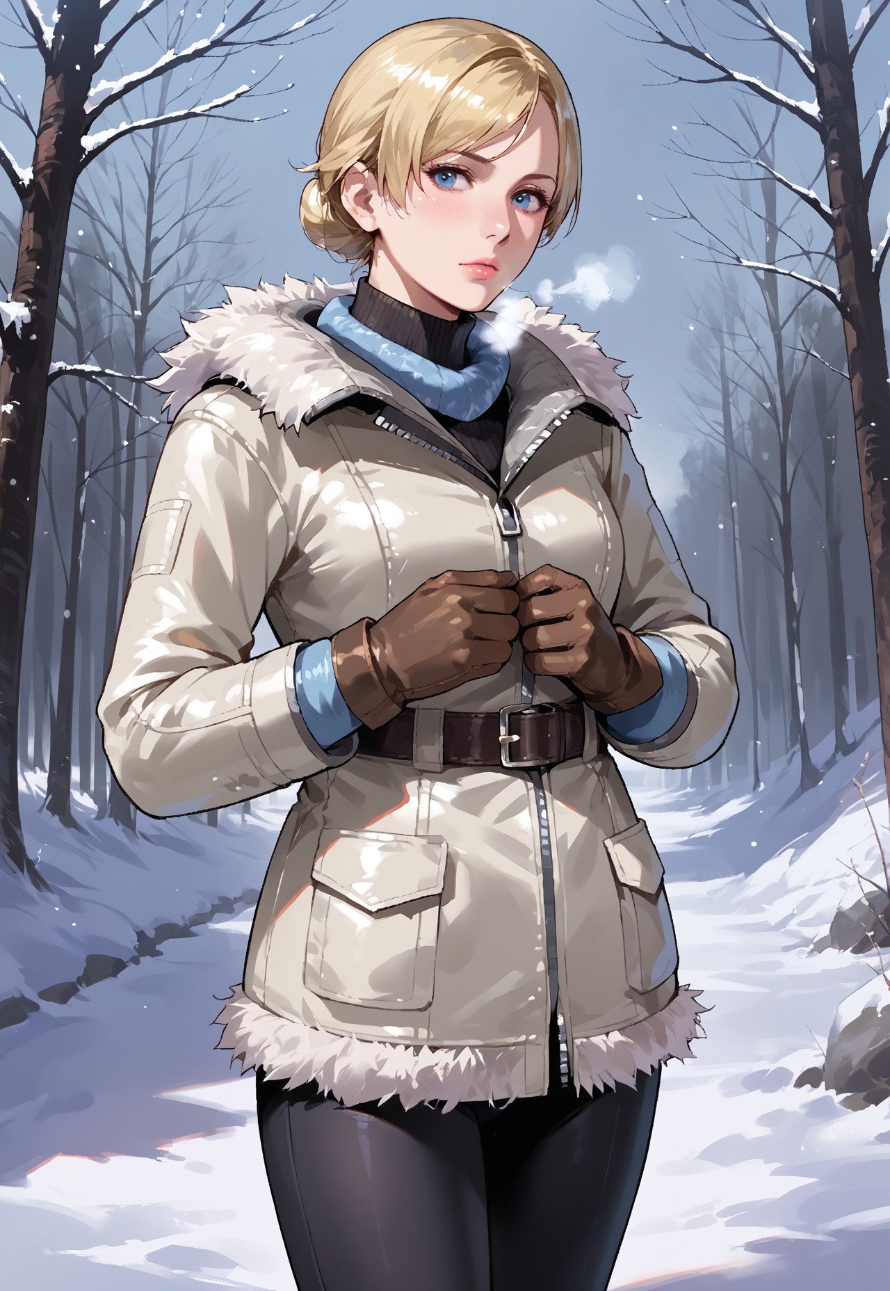 Score_9_up, source_8_up, score_7_up, source_realistic, cowboy shot, 1girl, solo, Sh3rryre6, blonde, winter jacket, turtleneck, belt, fur trim, leggings, gloves, breath, snow,