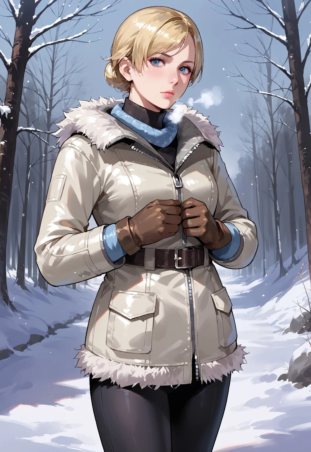 Score_9_up, source_8_up, score_7_up, source_realistic, cowboy shot, 1girl, solo, Sh3rryre6, blonde, winter jacket, turtleneck, belt, fur trim, leggings, gloves, breath, snow,
