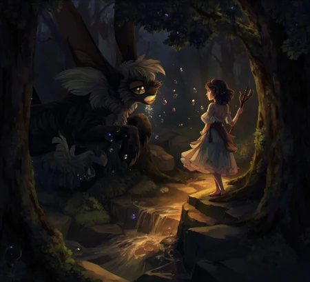 <lora:ck-LttleGhost-000011.safetensors:1> in the style of ck-lttlegh0st
In the heart of a dimly lit, enchanted forest, a creature with wild, fluffy fur and large, expressive eyes emerges from the shadows. Its fur, a blend of midnight black and ghostly white, shimmers with a subtle, ethereal glow, as if illuminated by an inner light. The creature's long, sweeping arms create a sense of fluid motion, while its gaping mouth, filled with sharp teeth, adds a touch of whimsical menace. The fine, wispy textures of its fur contrast beautifully against the smooth, rocky surface it clings to, a natural extension of the mysterious, ancient stones.
Surrounding the creature are small, floating bubbles, each one a miniature world of its own, filled with swirling lights and colors. These bubbles add a whimsical yet eerie atmosphere, enhancing the sense of magic and wonder. The forest itself is a tapestry of muted blacks and grays, but the creature's vibrant features stand out, creating a striking visual contrast that draws the eye.
In the background, a tree of life stands tall, its branches heavy with leaves that glint with the colors of the rainbow. The roots of the tree weave through the rocky ground, a symbol of growth and connection. A gentle, flowing river runs nearby, its waters reflecting the moonlight and creating a serene, tranquil environment. The play of light and shadow enhances the scene, with warm, golden hues casting a comforting glow on the path leading to the heart of the forest.
A middle-aged woman, her hair a cascade of dark curls and her eyes a deep brown, stands nearby. She is dressed in a flowing, earth-toned dress, her feet bare and grounded in the mossy earth. She holds a small, intricately carved staff, a symbol of her deep connection to nature and her role as a guardian of the forest. Her presence adds a sense of peace and harmony, as she gazes with a gentle smile at the magical creature, her eyes reflecting the wonder and beauty of the moment.