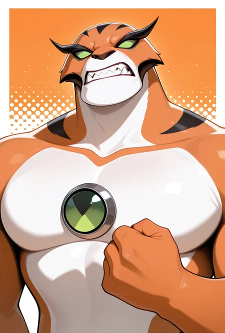 <lora:rath-10:1> rath, furry, 1boy, green eyes, green sclera, solo, no humans, clenched teeth, fangs, orange fur, sharp teeth, big arms,  no pupils, big body, orange background,, upper body, halftone effect, white borders, abstract background:1.2,, masterpiece, best quality, amazing quality, very aesthetic, absurdres, newest,