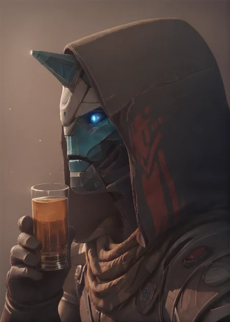 cayde, armor, colored skin, horn, glowing eyes, blue eyes, scarf, hood, full body, side view, sitting on a bar stool, bar background, detailed background, holding a glass of green whiskey, upper body, looking ahead, <lora:Cayde-6_PonyXL:0.8>, BREAK score_9, score_8_up, score_7_up, score_6_up, score_5_up,