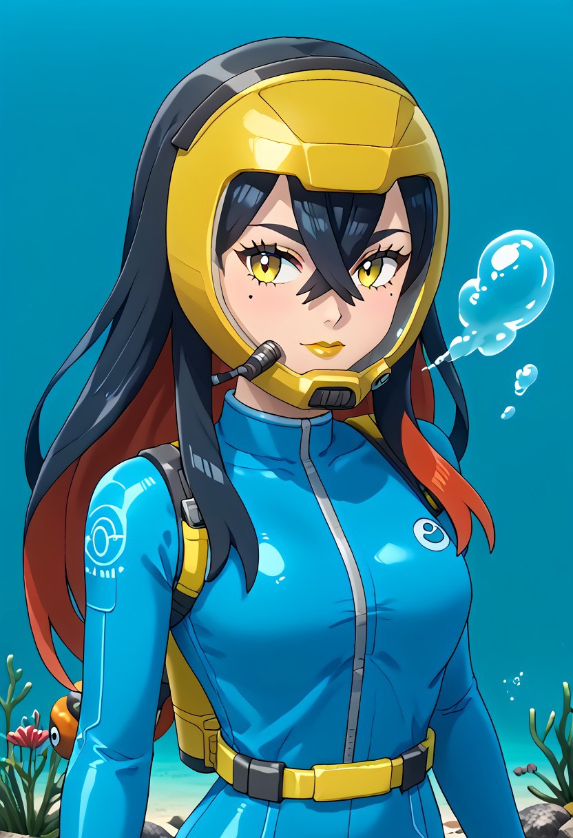 PokemonStyle, pokemon \(anime\), full body,solo female, score_9, score_8, score_7, score_6_up, source_anime, anime coloring, anime screencap, official art,
BREAK full body, 1girl, black hair, colored inner hair, crossed bangs, hair between eyes, hairband, long hair under helmet, mole, mole under eye, multicolored hair, red hair, sidelocks, two-tone hair, yellow eyes, low lipstick only, floating hair, (blue wetsuit), long sleeves, bare legs, beautiful legs, barefoot,
BREAK
(pokemoncarmine wearing (snug fitting, head-sized(yellow diving helmet ))), (helmet overlapping chin, helmet overlapping cheeks, helmet overlapping jawline, helmet overlapping ears), shiny glass visor:0.5, 
BREAK underwater, seafloor, rocks, sea-green background:0.25, sea-green overlay:0.55, seaweed, neck 
BREAK blue background:0.25, bubbles, BREAK mask snugly on face, regulator, breathing tube, orange oxygen tank strapped to back, harness tightly on chest, belt, swimmingai, floating, bubbles, looking at viewer, diving, looking to side, aloof, closed mouth, vents on helmet, covered ears,
