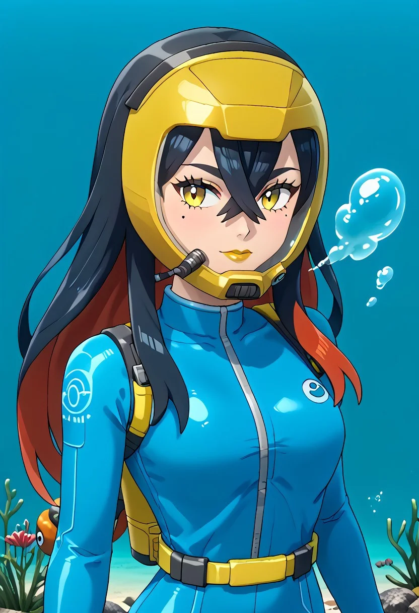 PokemonStyle, pokemon \(anime\), full body,solo female, score_9, score_8, score_7, score_6_up, source_anime, anime coloring, anime screencap, official art,
BREAK full body, 1girl, black hair, colored inner hair, crossed bangs, hair between eyes, hairband, long hair under helmet, mole, mole under eye, multicolored hair, red hair, sidelocks, two-tone hair, yellow eyes, low lipstick only, floating hair, (blue wetsuit), long sleeves, bare legs, beautiful legs, barefoot,
BREAK
(pokemoncarmine wearing (snug fitting, head-sized(yellow diving helmet ))), (helmet overlapping chin, helmet overlapping cheeks, helmet overlapping jawline, helmet overlapping ears), shiny glass visor:0.5,
BREAK underwater, seafloor, rocks, sea-green background:0.25, sea-green overlay:0.55, seaweed, neck
BREAK blue background:0.25, bubbles, BREAK mask snugly on face, regulator, breathing tube, orange oxygen tank strapped to back, harness tightly on chest, belt, swimmingai, floating, bubbles, looking at viewer, diving, looking to side, aloof, closed mouth, vents on helmet, covered ears,