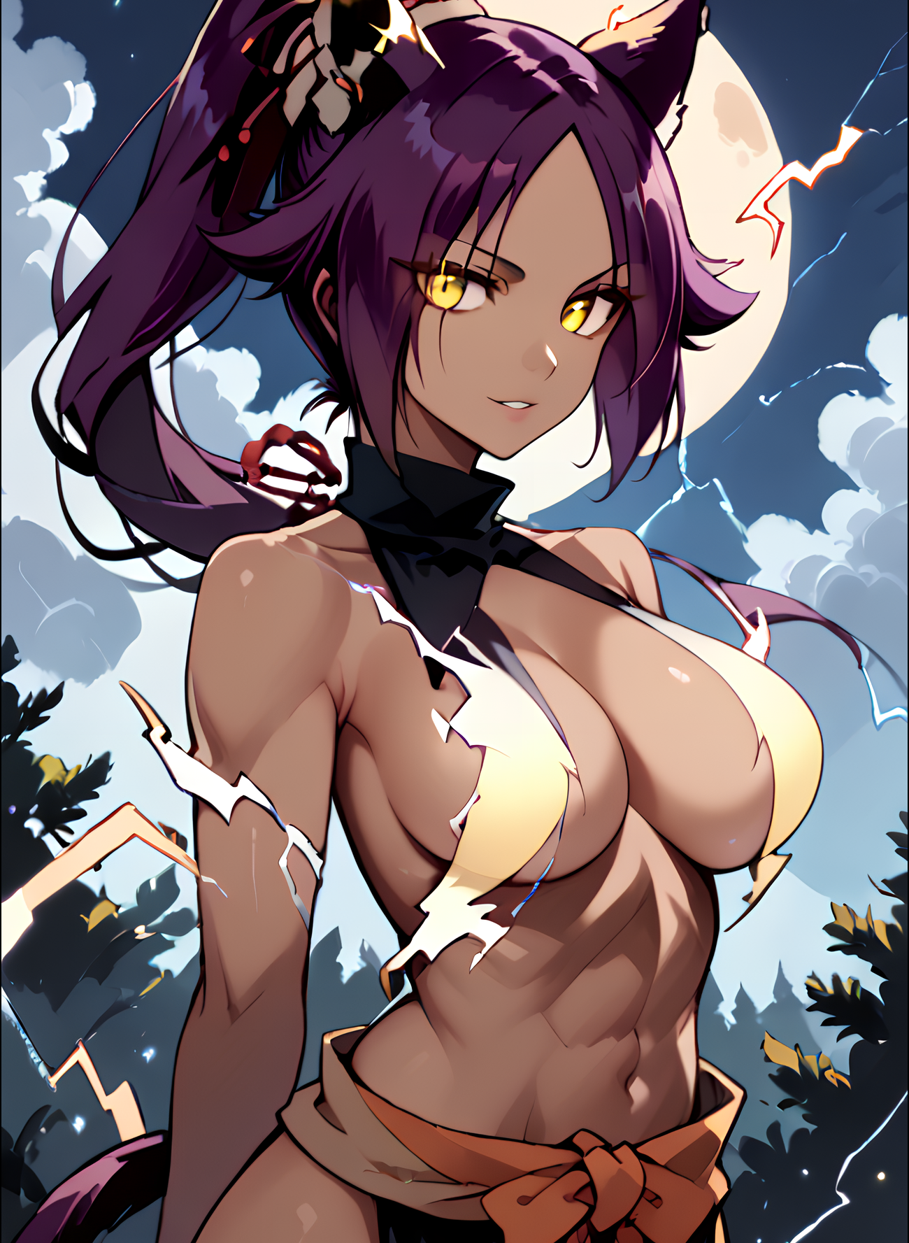 score_10_up, score_9_up, score_8_up, score_7_up, source_anime, 1girl, solo, (shihouin yoruichi), (purple hair), (yellow eyes), dark-skinned female, (big breasts), long hair, high ponytail, hair tie, animal ears, tail, (electrokinesis), (electricity), (convenient censoring), standing, looking at you, seductive smile, outdoors, sexy, parted lips, full lips, (golden electricity), (glowing electricity), backlighting, blue sky, day, sun, wind, trees, clouds, moon, night, fog, (detailed face), (detailed background), (portrait), detailed landscape, (perfect lighting), (best quality), horizon, (light particles), glowing eyes, anime, (perfect female body), (beautiful eyes and face), (upper body), alternate form, toned female, <lora:ShihouinYoruichiPonyXL-10:1>