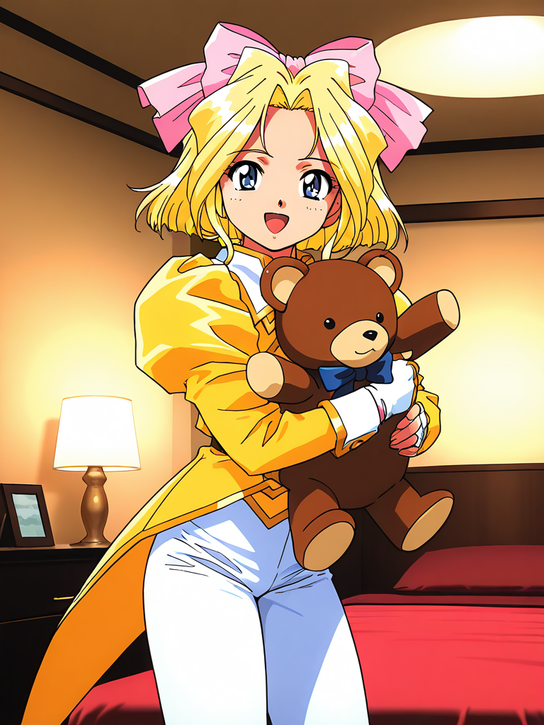 masterpiece, best quality, good quality, <lora:Iris_Chateaubriand_IS:1>  IrisChateaubriand, blonde hair, solo, pink bow, teddy bear, blue eyes, stuffed animal, stuffed toy, bow, fingerless gloves, gloves, under body, 1girl, 
short hair, hair bow, open mouth, happy,
smile, standing, pants, 1990s (style),  ribbon, 
Yellow coattails, looking at viewer, holding, Yellow uniform, tachi-e, white pants. long pants,
hotel room,