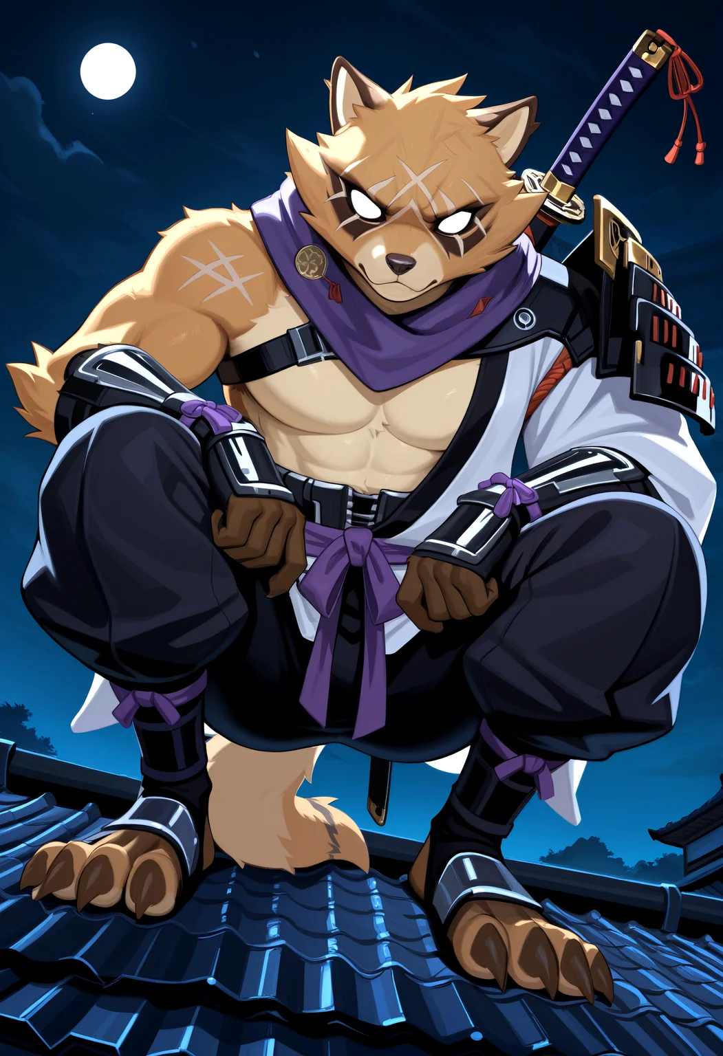 score_9, score_8_up, score_7_up,<lora:Expressive_H-000001>, 8k, detailed design, detailed background, detailed characters, masterpiece, anthro only, furry only, 1boy, solo,  <lora:HajimeIllustrious>, white armor, no pupils, belt, black gauntlet, white japanese clothes, white hadanugi dousa, purple neckerchief, black pants,   holding katana, squatting, looking at viewer,   serious,  male focus,solo focus, below angle,  outside, night, on rooftop,