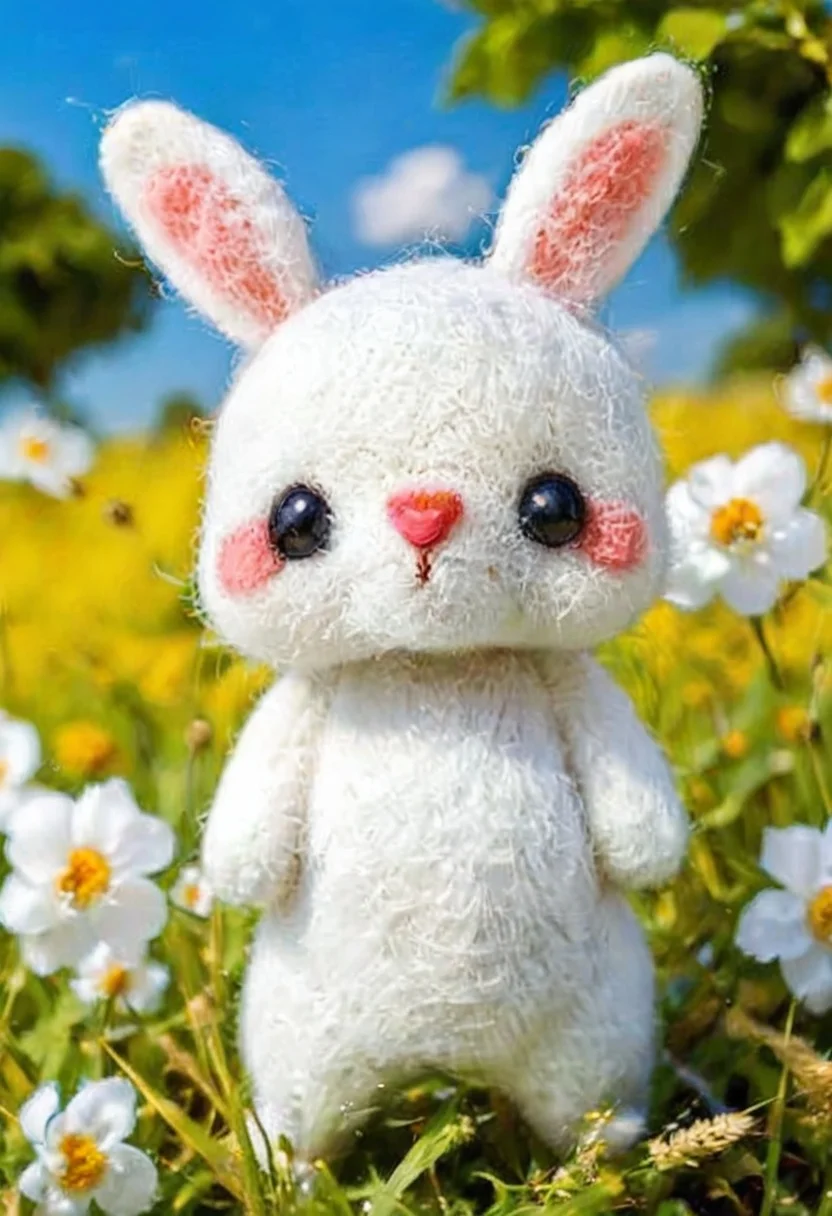 a cute kawaii chibi white bunny on a meadow,blue sky and warm light,vibrant colors,highly detailed, sharp focus, studio photo, highly detailed, dynamic shot, masterpiece, intricate, hdr, cinematic shot