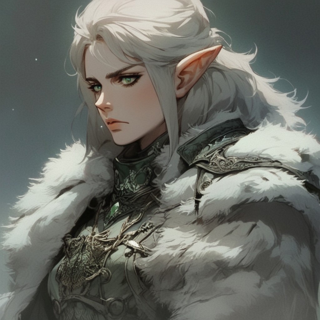 (score_9, score_8_up, score_7_up), source_anime, anime, pale skin, solo, shoulder length, ((emerald green eyes)), ((ranger)), ((archer)), (savage), armor, white fur cloak, ((stares into the camera)), white hair, elf, female, (viking style)