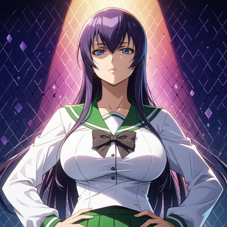 score_9, score_8_up, score_7_up, 1girl, looking at viewer, sunlight, abstract background, argyle background, rainbow, heart, upper body, close-up, portrait,
<lora:Saeko_Busujima_Dwnsty_r1:0.8>, saeko_busujima, purple hair, blue eyes, long hair, hair between eyes, school uniform, serafuku, green skirt, long skirt, pleated skirt, black bowtie,
lips, expressionless, large breasts, skindentation, mature female, hands on own hips,