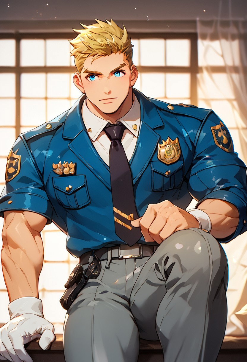 score_9,score_8_up,score_7_up,source anime, detail1eye (1boy, jackm, formal 76, blonde hair, blue eyes, sideburns, faux hawk, bara, muscular male, muscular, short hair, pectorals, mature male, large pectorals, small waist, big hips, thick thighs white shirt, dark blue jacket, long sleeve, white gloves, dark gray pant, necktie) police, police uniform, formal, BREAK, sharp shadows,direct lighting,vibrant colors,glow effect,bloom,edge color fringing,chromatic aberration, <lora:NijijourneyV6Style-000016:1>