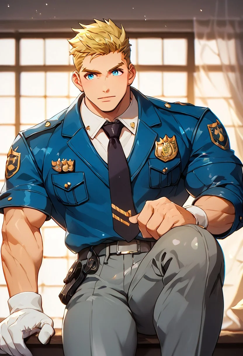 score_9,score_8_up,score_7_up,source anime, detail1eye (1boy, jackm, formal 76, blonde hair, blue eyes, sideburns, faux hawk, bara, muscular male, muscular, short hair, pectorals, mature male, large pectorals, small waist, big hips, thick thighs white shirt, dark blue jacket, long sleeve, white gloves, dark gray pant, necktie) police, police uniform, formal, BREAK, sharp shadows,direct lighting,vibrant colors,glow effect,bloom,edge color fringing,chromatic aberration, <lora:NijijourneyV6Style-000016:1>