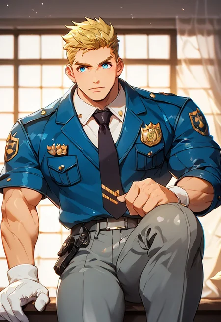 score_9,score_8_up,score_7_up,source anime, detail1eye (1boy, jackm, formal 76, blonde hair, blue eyes, sideburns, faux hawk, bara, muscular male, muscular, short hair, pectorals, mature male, large pectorals, small waist, big hips, thick thighs white shirt, dark blue jacket, long sleeve, white gloves, dark gray pant, necktie) police, police uniform, formal, BREAK, sharp shadows,direct lighting,vibrant colors,glow effect,bloom,edge color fringing,chromatic aberration, <lora:NijijourneyV6Style-000016:1>