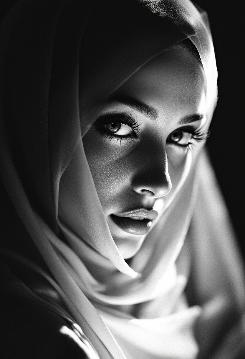 film noir style , woman,wearing hijab,gorgeous, amazing, elegant, intricate, highly detailed, dynamic, sharp focus, beautiful light, friendly, glowing, symmetry, passionate, complex, confident, inspired, brave, vibrant, colorful, thought questioning, pretty, attractive, iconic, epic, fantastic, artistic, background, illuminated, cinematic, fine detail, enhanced,monochrome, high contrast, dramatic shadows