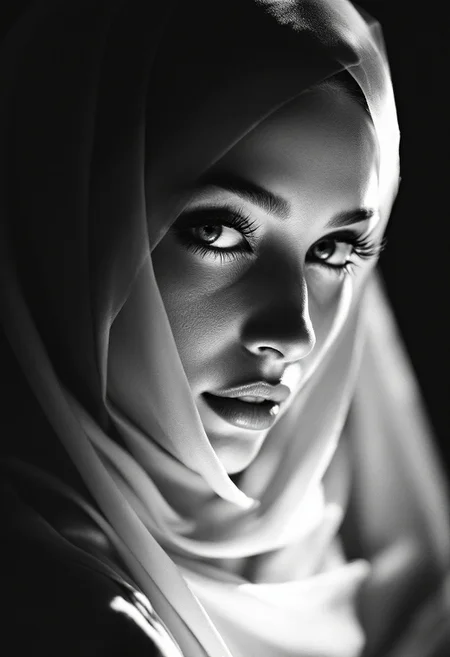 film noir style , woman,wearing hijab,gorgeous, amazing, elegant, intricate, highly detailed, dynamic, sharp focus, beautiful light, friendly, glowing, symmetry, passionate, complex, confident, inspired, brave, vibrant, colorful, thought questioning, pretty, attractive, iconic, epic, fantastic, artistic, background, illuminated, cinematic, fine detail, enhanced,monochrome, high contrast, dramatic shadows