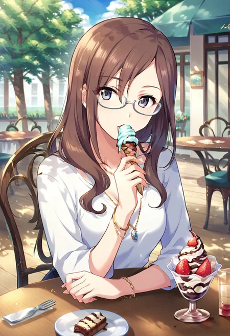 score_9, score_8_up, score_7_up, source_anime,yagami makino, long hair, glasses, brown hair, periwinkle eyes, 1girl, jewelry, solo, food, bracelet, ice cream, necklace, table, sundae, chair, tree