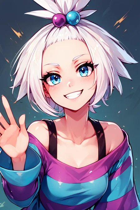 score_9, score_8_up, score_8, medium breasts, (curvy), cute, eyelashes, BREAK, , zzRoxie, blue eyes, white hair, hair bobbles, topknot, striped dress, <lora:Roxie_Pokemon_PDXL_Citron:0.8>, , BREAK, looking at viewer, smile, waving, upper body, leaning forward, head tilt, embedding:zPDXL, Expressiveh, <lora:CatalystStylePDXL:0.6>, <lora:SDXLFaeTastic2400:0.5>, <lora:Expressive_H-000001:0.4>,