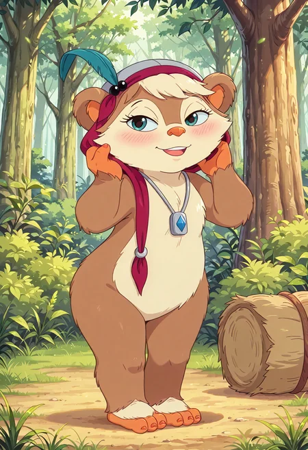 score_9, score_8_up, score_7_up, score_6_up, score_5_up, score_4_up, 
1girl, 
feral, Feral, Latara_(s2), ewok, 2 tone body, brown body, white body, 2 fingers, 1 thumb, 3 toes, nails, ewok ears, hair,
hood, feather accessory,
detailed, beautiful, female, vector, flat colors, wide hips, seductive, cute eyes, looking at viewer, blushing,
standing, sexy, happy, fixing hair,
in a treehouse, forest background, pots, hay,
full body shot