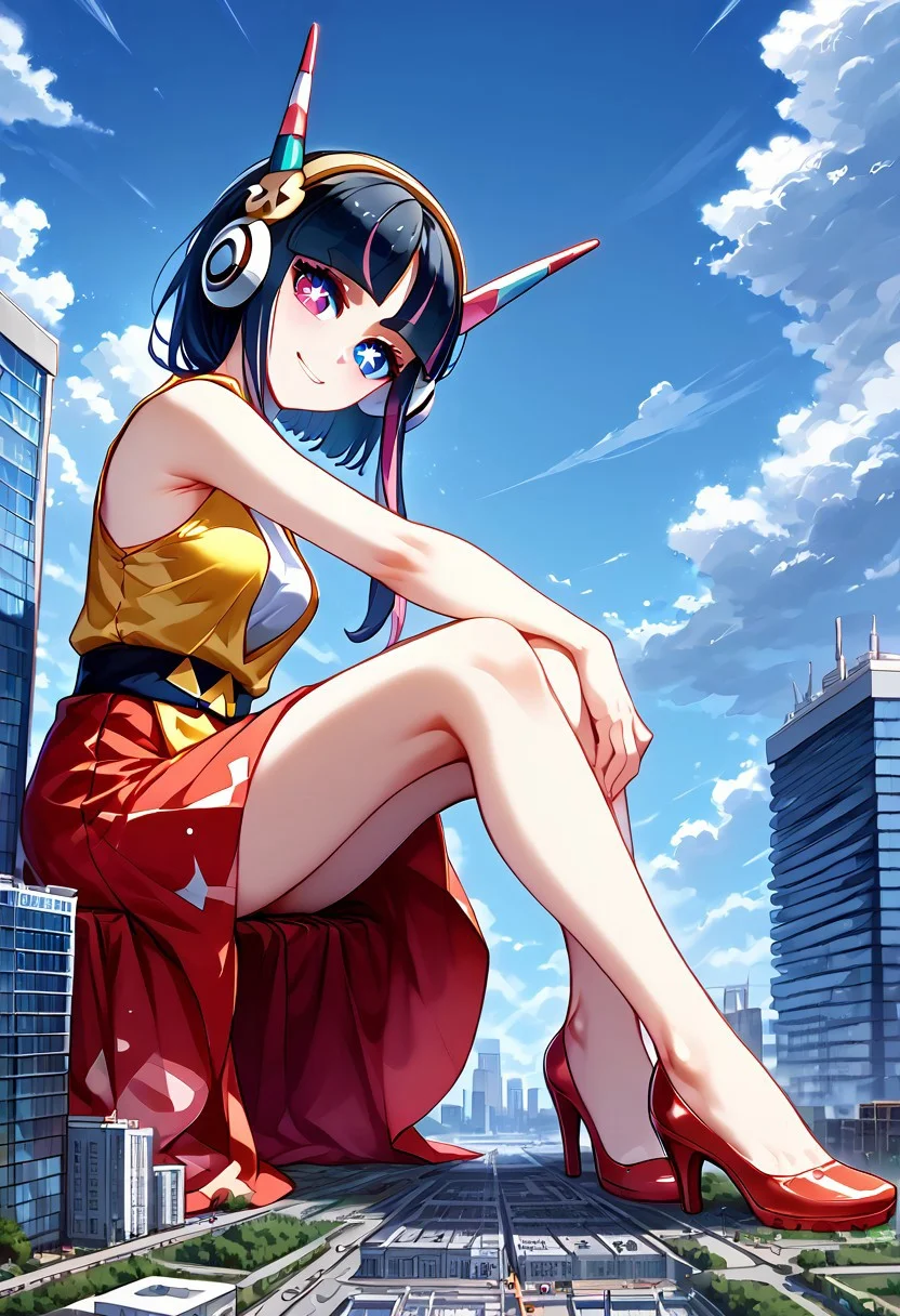 score_9, score_8_up, score_7_up,source_anime, jvdaniang, giantess, duo, two different girls, 
BREAK,(1girl, bw2ele, black hair, streaked hair, long sidelocks, hair ornaments, headphones, blue eyes, symbol-shaped pupils), 
BREAK, (1girl, pokemonlacey, arched bangs, hairclip, eyelashes, thick eyebrows, pink eyes, pink hair, symbol-shaped pupils), 
BREAK, eyelashes, large breasts, (facial expression, confident, loving, kind, light smile, head tilt, soft eyes), dreamlike atmosphere, glowing edges, mystical, high contrast, ethereal light, light particles, gl0w, glow, gradient eyes, high gradient eyes, detailed eyes, high definition eyes, sparkling dress, plunging neckline, side slit, bare shoulders, sleeveless, high heels, outdoors, in city, day, sitting, crossed leg, cloudy sky, (building size: 1.4), masterpiece, best quality, absurdres, ultra detailed, side view,